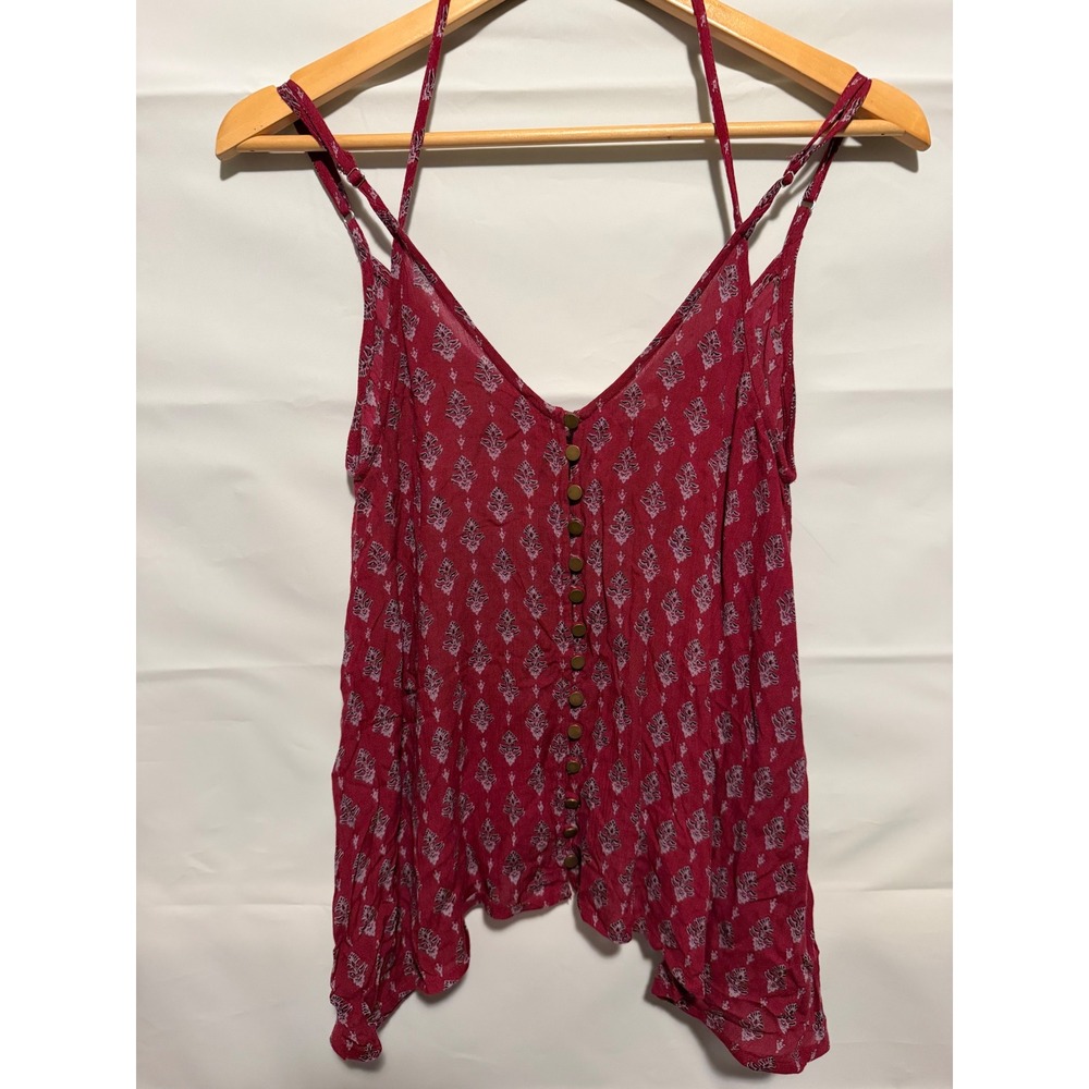 En Creme Burgundy Boho Print Button Front Handkerchief Hem Cami Tank Top Small